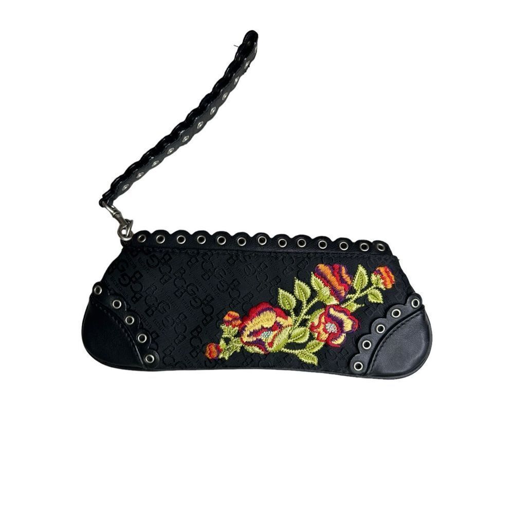 BCBGirls Women's Black with Multi-Color Floral Embroidery Clutch Purse Wallet